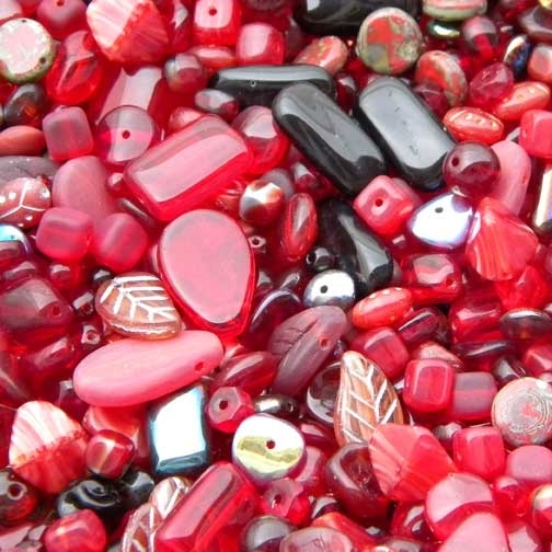 Dark Red Czech Pressed Glass Bead Mix Assorted Sizes, Shapes and Colors