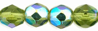 Czech Pressed Glass 6mm faceted round Olivine AB  transparent iridescent | Czech Pressed Glass