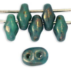 Czech SuperDuo Glass Seed Bead - Turquoise Bronze Picasso | 2 x 5mm 2 Hole SuperDuos