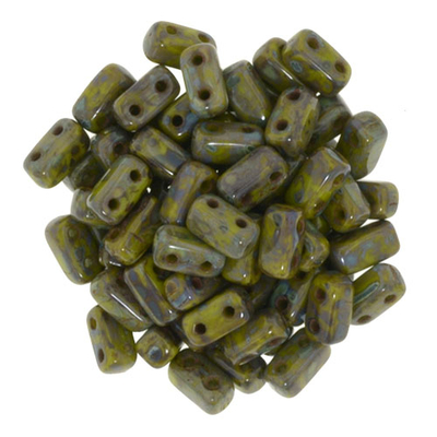 CzechMate Brick Seed Beads - Olive - Opaque Picasso Finish | 3 x 6mm 2 Hole CzechMate Bricks