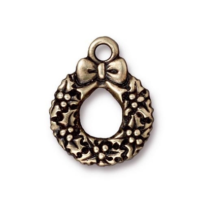 17 x 20mm Antique Brass Wreath Charm | TierraCast Lead-free Pewter Base Metal Christmas Charms
