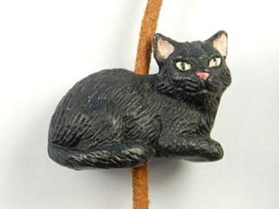 18 x 23mm Black Kitty Hand-painted Clay Bead | Natural Beads