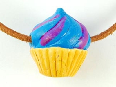 20 x 23mm Tan Cupcake with Blue and Purple Swirl Hand-painted Clay Bead | Natural Beads