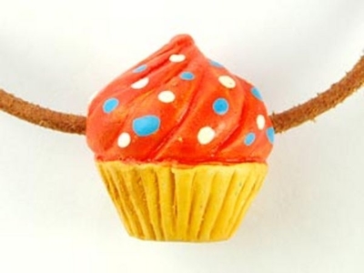 20 x 23mm Tan Cupcake with Orange and Sprinkles Hand-painted Clay Bead | Natural Beads