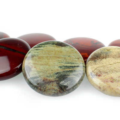 30mm Coin Apple Jasper Beads - Rich Red with Yellow | Natural Semiprecious Gemstone
