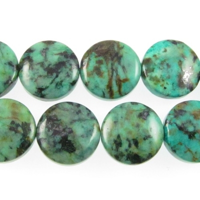 12mm Coin African Turquoise Stone Bead - Blue Green with Spots | Natural Semiprecious Jasper Gemstone