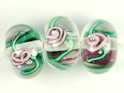 Czech Handmade Lampwork Glass 12 x 8mm Rondell Bead - Clear with Purple Flowers - Transparent Finish