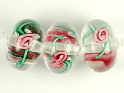 Czech Handmade Lampwork Glass 12 x 8mm Rondell Bead - Clear with Pink Flowers - Transparent Finish