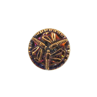 18mm Vitrail Czech Glass Button with 3 Bronze Dragonfly | Hand-pressed Vintage Style Button with Glass Shank