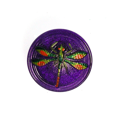 23mm Purple and Pink Czech Glass Button with Green Handpainted Dragonfly and a Metal Shank