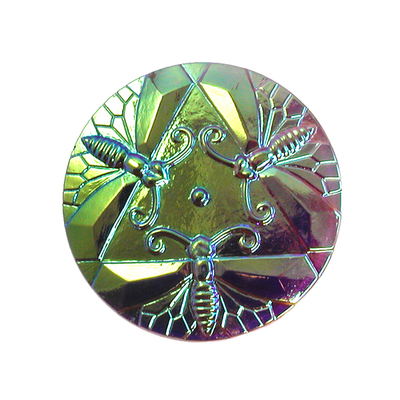 30mm Pale Blue and Green Iridescent Czech Glass Button with 3 Dragonflies and a Metal Shank