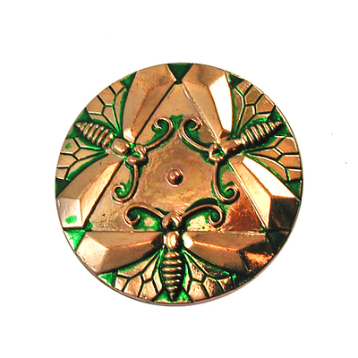 30mm Green and Green Czech Glass Button with 3 Dragonflies and a Metal Shank