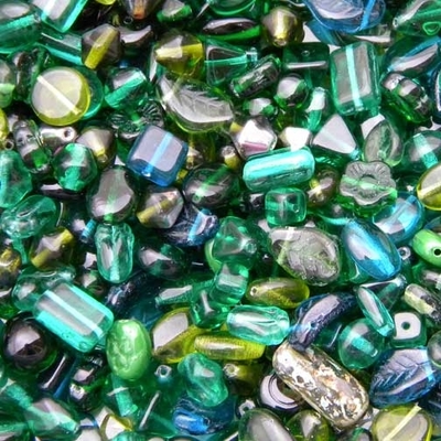 Dark Green Czech Pressed Glass Bead Mix - Assorted Sizes, Shapes and Colors