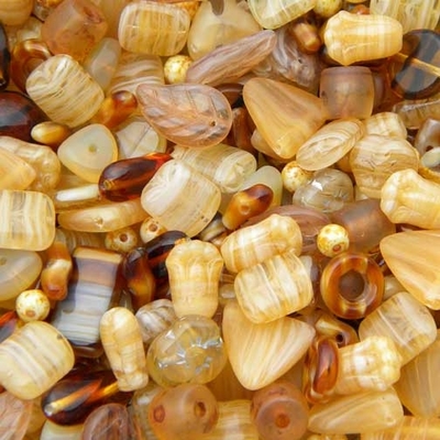 Light Brown Czech Pressed Glass Bead Mix - Assorted Sizes, Shapes and Colors