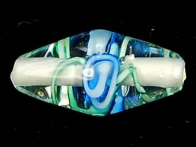 Czech Handmade Lampwork Glass 9 x 18mm Oval Bead - Clear with Blue Flowers - Transparent Finish
