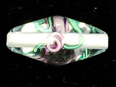 Czech Handmade Lampwork Glass 9 x 18mm Oval Bead - Clear with Purple Flowers - Transparent Finish