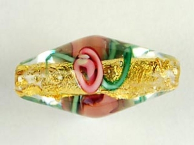 Czech Handmade Lampwork Glass 9 x 18mm Oval Bead - Gold Foil with Pink Flowers - Transparent Finish