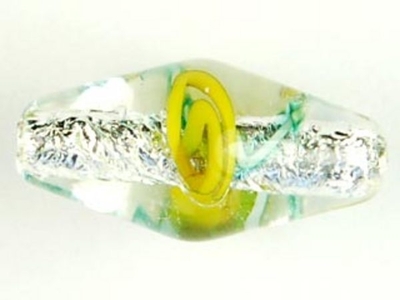 Czech Handmade Lampwork Glass 9 x 18mm Oval Bead - Silver Foil with Yellow Flowers - Transparent Finish