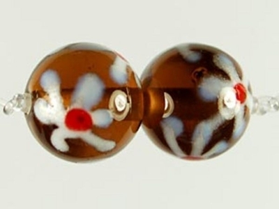 Czech Handmade Lampwork Glass 10mm Round Bead - Brown with White Flowers - Transparent Finish