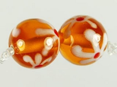 Czech Handmade Lampwork Glass 10mm Round Bead - Topaz with White Flowers - Transparent Finish