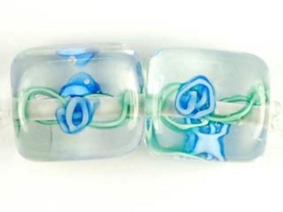 Czech Handmade Lampwork Glass 10 x 10mm Square Bead - Clear with Blue Flowers - Transparent Finish