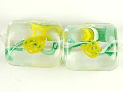 Czech Handmade Lampwork Glass 10 x 10mm Square Bead - Clear with Yellow Flowers - Transparent Finish