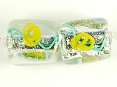 Czech Handmade Lampwork Glass 10 x 10mm Square Bead - Silver Foil with Yellow Flowers - Transparent Finish