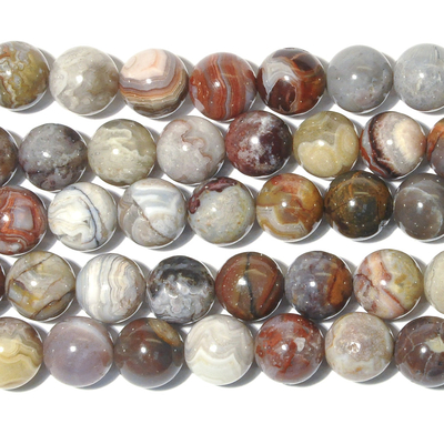 10mm Laguna Lace Agate Round Beads - Swirly Brown, Grey and Red - 8-inch String