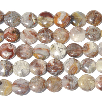 12mm Laguna Lace Agate Coin Beads - Swirly Brown, Grey and Red - 8-inch String