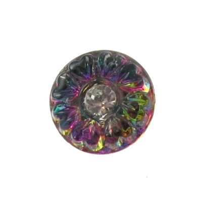 14mm Czech Glass Pink, Blue, Purple Vitrail Flower Button with Rhinestone | Hand-pressed Vintage Style Button with Glass Shank