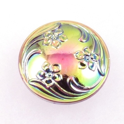 Czech Glass Buttons green with pink iridescent 3 flower swirl with glass shank 2 | Czech Glass Buttons