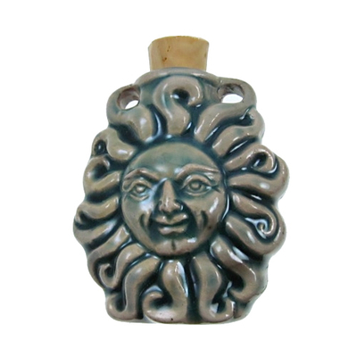 33 x 37mm Sun Handmade Clay Bottle - Blue Green Raku Glaze | Clay Vessel Pendant for Essential Oil or Fragrance