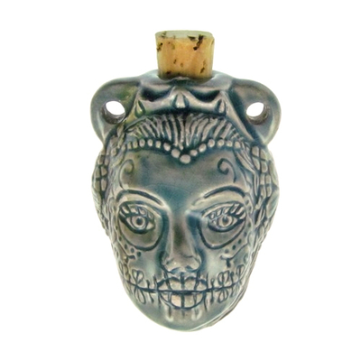 43 x 32mm Female Day of the Dead Skull Handmade Clay Bottle - Blue Green Raku Glaze | Clay Vessel Pendant for Essential Oil or Fragrance