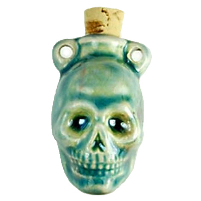 42 x 33mm Skull Handmade Clay Bottle - Blue Green Raku Glaze | Clay Vessel Pendant for Essential Oil or Fragrance