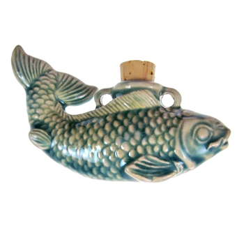 58 x 40mm Fish Handmade Clay Bottle - Blue Green Raku Glaze | Clay Vessel Pendant for Essential Oil or Fragrance