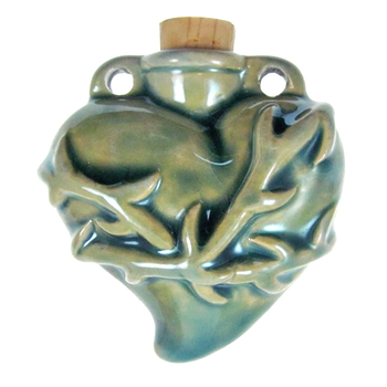 38 x 40mm Sacred Heart Handmade Clay Bottle - Blue Green Raku Glaze | Clay Vessel Pendant for Essential Oil or Fragrance