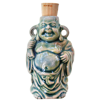 44 x 36mm Standing Buddha Handmade Clay Bottle - Blue Green Raku Glaze | Clay Vessel Pendant for Essential Oil or Fragrance