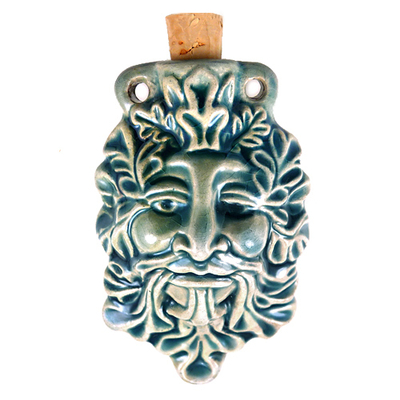 62 x 39mm Green Man Handmade Clay Bottle - Blue Green Raku Glaze | Clay Vessel Pendant for Essential Oil or Fragrance