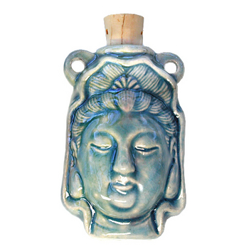 27 x 42mm Kuan Yin Handmade Clay Bottle - Blue Green Raku Glaze | Clay Vessel Pendant for Essential Oil or Fragrance