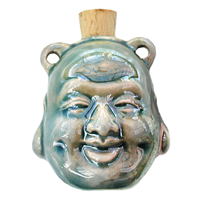 39 x 45mm Laughing Buddha Handmade Clay Bottle - Blue Green Raku Glaze | Clay Vessel Pendant for Essential Oil or Fragrance