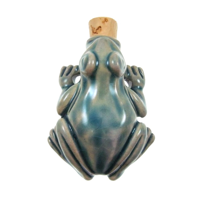 36 x 48mm Tree Frog Handmade Clay Bottle - Blue Green Raku Glaze | Clay Vessel Pendant for Essential Oil or Fragrance