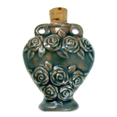 45 x 36mm Roses Handmade Clay Bottle - Blue Green Raku Glaze | Clay Vessel Pendant for Essential Oil or Fragrance