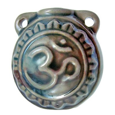 35 x 33mm Ohm Handmade Clay Bottle - Blue Green Raku Glaze | Clay Vessel Pendant for Essential Oil or Fragrance