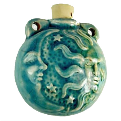 40 x 37mm Sun and Moon Handmade Clay Bottle - Blue Green Raku Glaze | Clay Vessel Pendant for Essential Oil or Fragrance