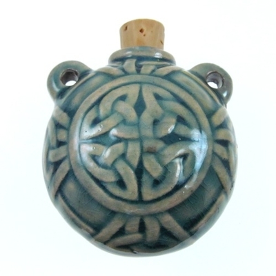 40 x 40mm Celtic Knot Handmade Clay Bottle - Blue Green Raku Glaze | Clay Vessel Pendant for Essential Oil or Fragrance