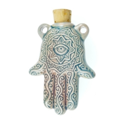 56 x 35mm Hamsa Hand Handmade Clay Bottle - Blue Green Raku Glaze | Clay Vessel Pendant for Essential Oil or Fragrance