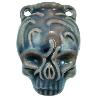 39 x 28mm Skull Handmade Clay Bottle - Blue Green Raku Glaze | Clay Vessel Pendant for Essential Oil or Fragrance