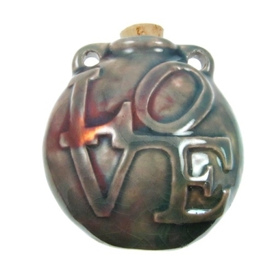 42 x 45mm LOVE Handmade Clay Bottle - Blue Green Raku Glaze | Clay Vessel Pendant for Essential Oil or Fragrance