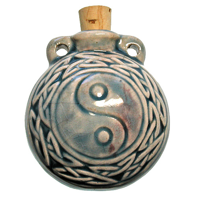 42 x 50mm Yin Yang Handmade Clay Bottle - Blue Green Raku Glaze | Clay Vessel Pendant for Essential Oil or Fragrance