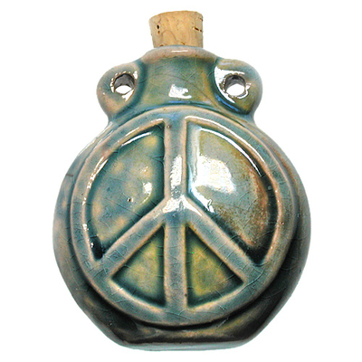 42 x 50mm Peace Sign Handmade Clay Bottle - Blue Green Raku Glaze | Clay Vessel Pendant for Essential Oil or Fragrance